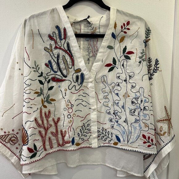White Cotton Blouse w/ Colorful Embroidery - Picture 7 of 9
